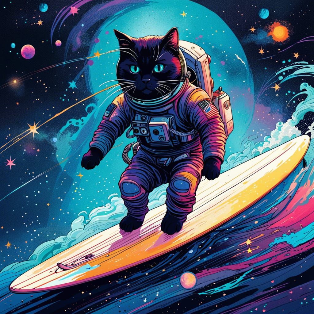 Astronaut Cat Surfer in Cosmic Space