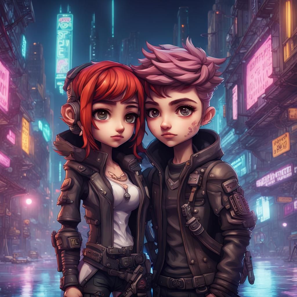 Chibi Couple in Cyberpunk Cityscape