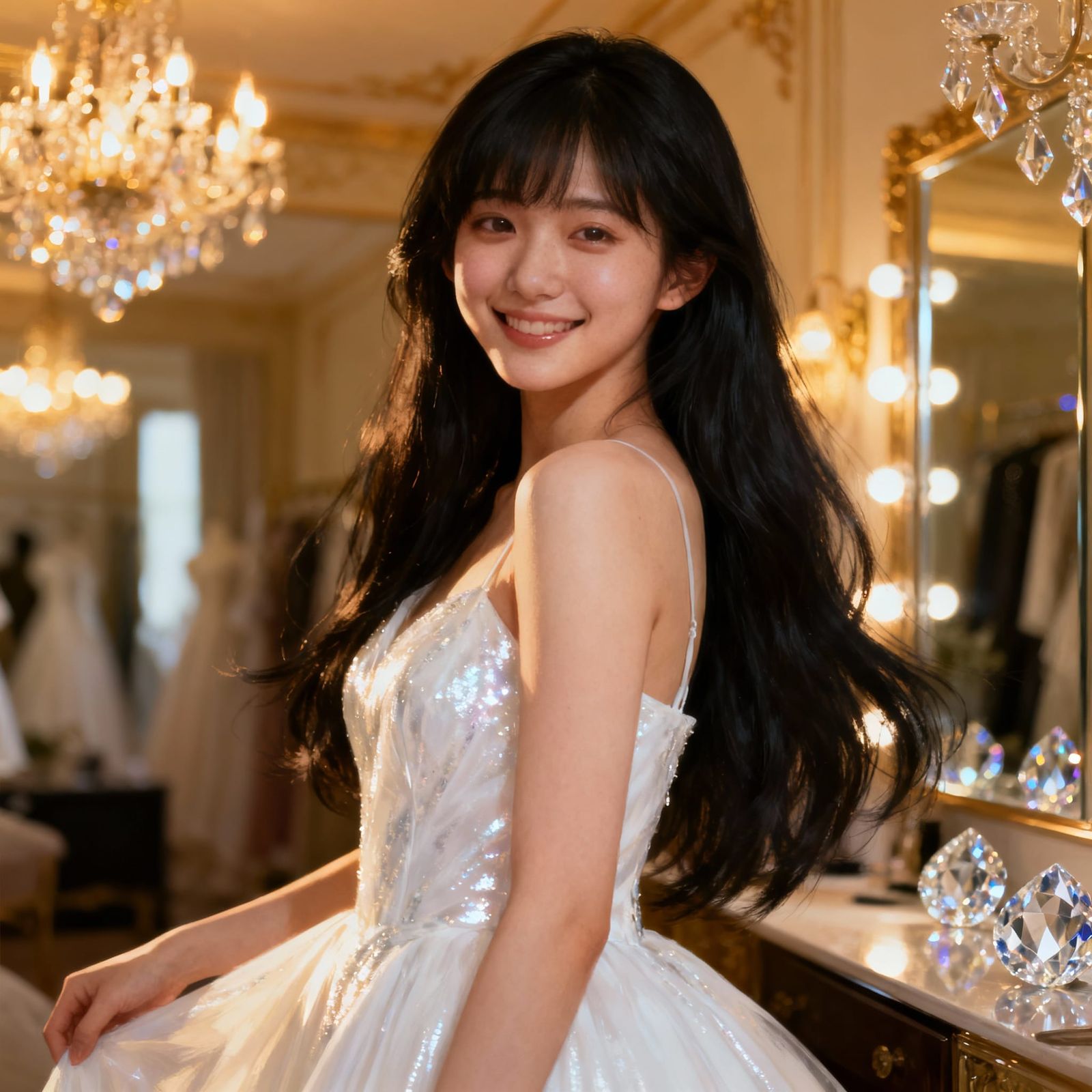 Beautiful Japanese Girl in Shimmering White Dress