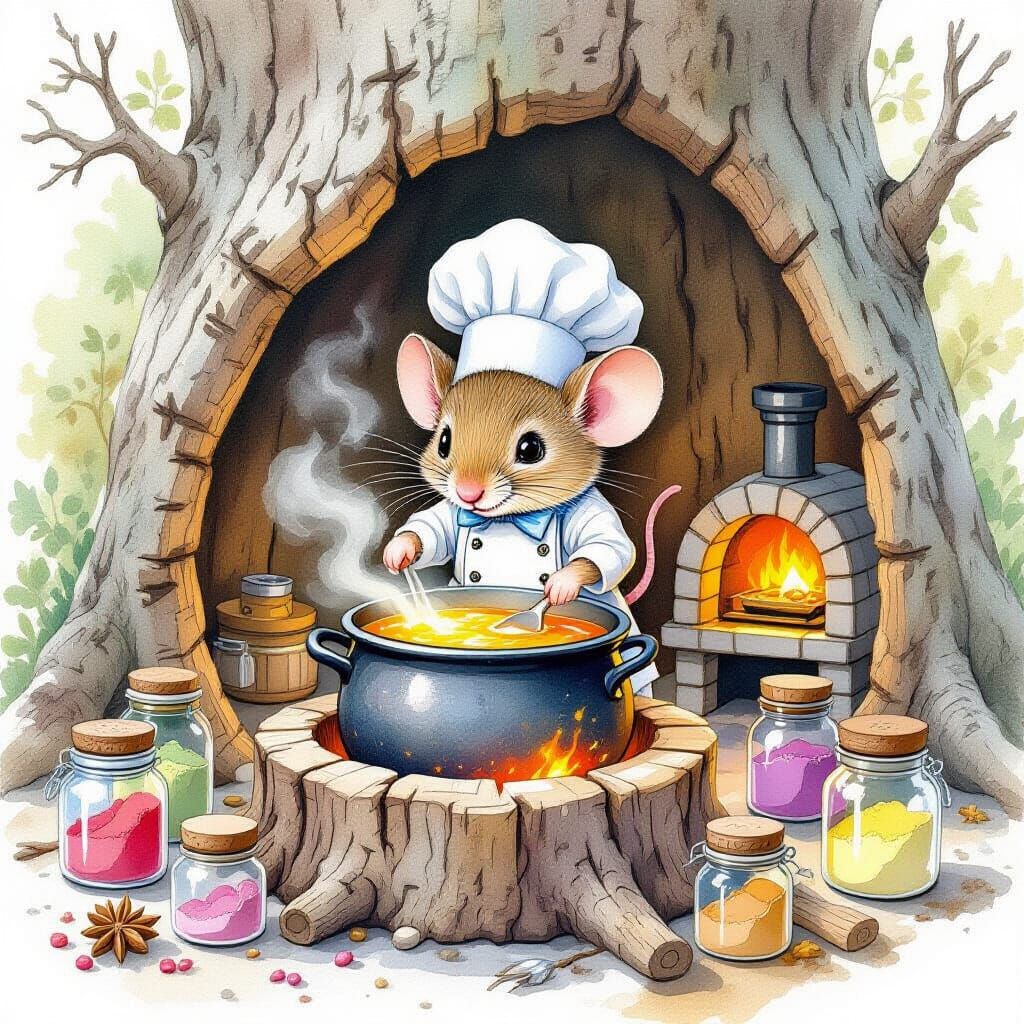Mouse Chef Watercolor in a Tree Stump Kitchen