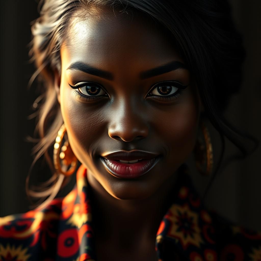 Poised Woman with Black Eyes in Cinematic Style