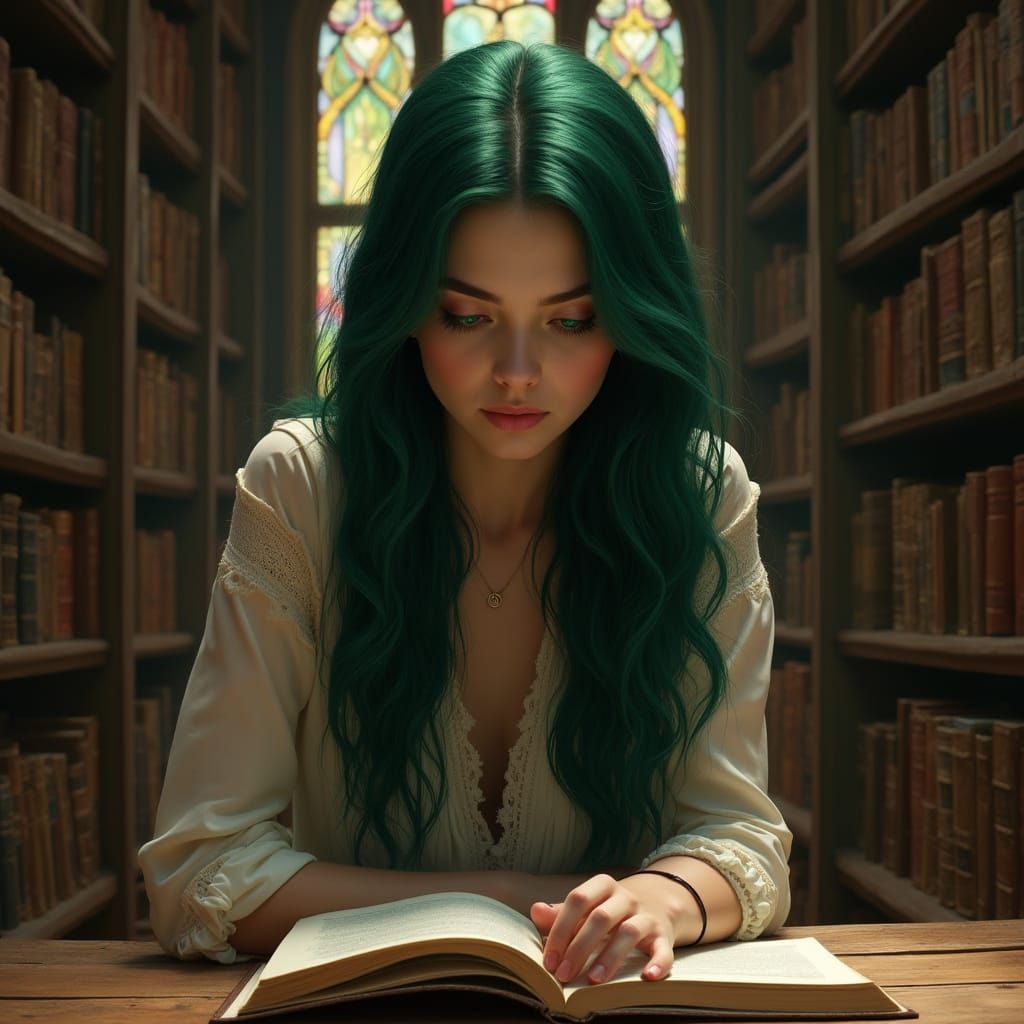 Stunning Young Woman Lost in Ancient Tomes