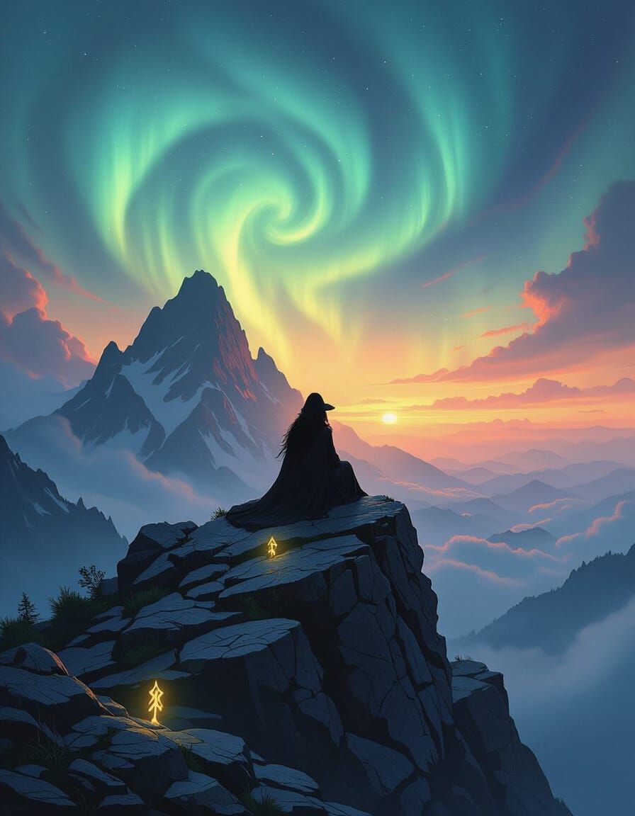 Witch on Mountain Peak Under Aurora Sky