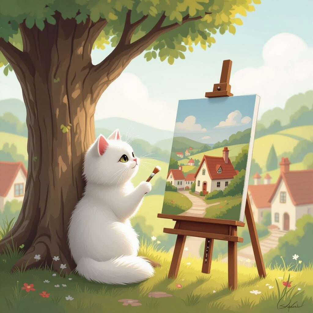 Cat Artist Paints Village Scene in Whimsical Style