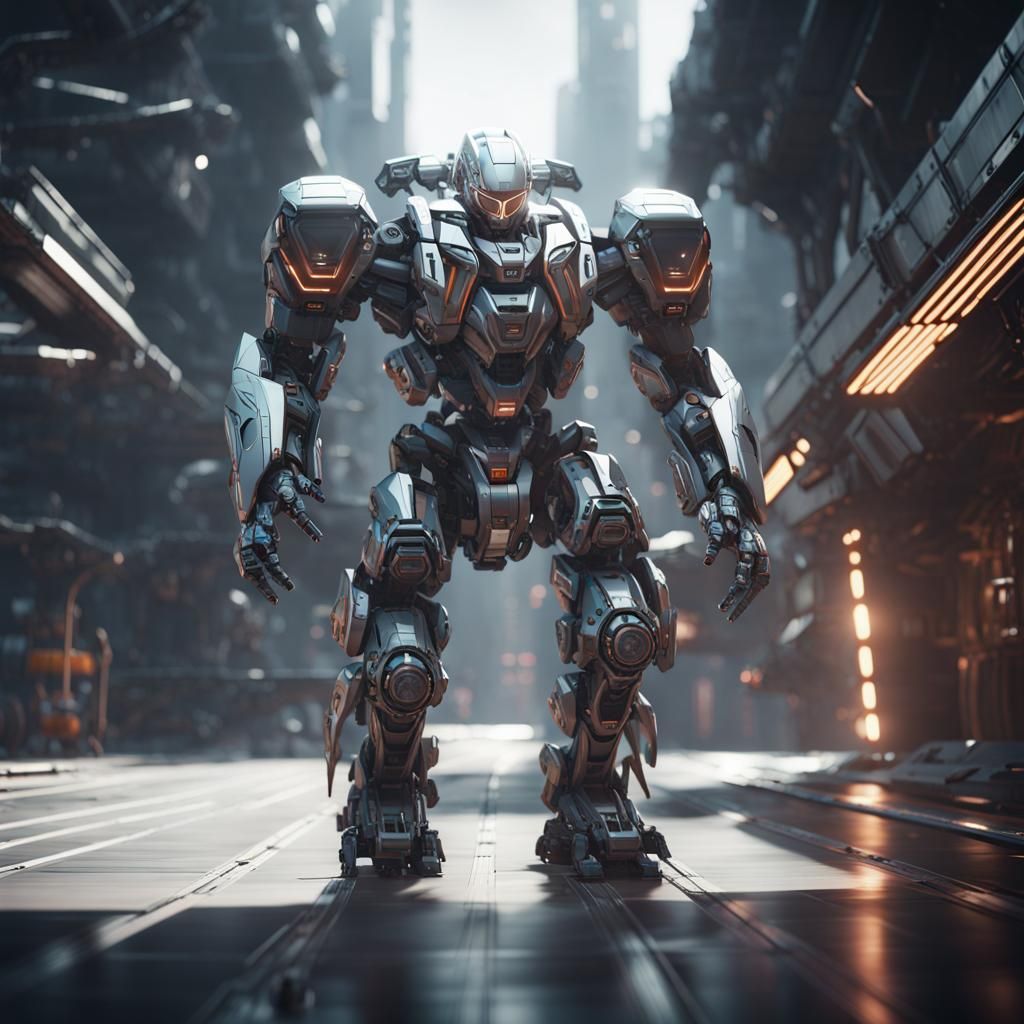 Man Driving Mech Suit in Futuristic Sci-Fi Style
