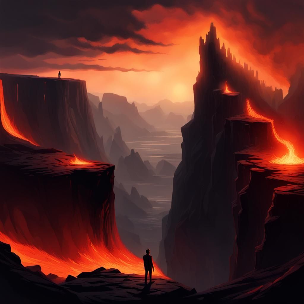 Ominous Figure Gazes into Fiery Abyss