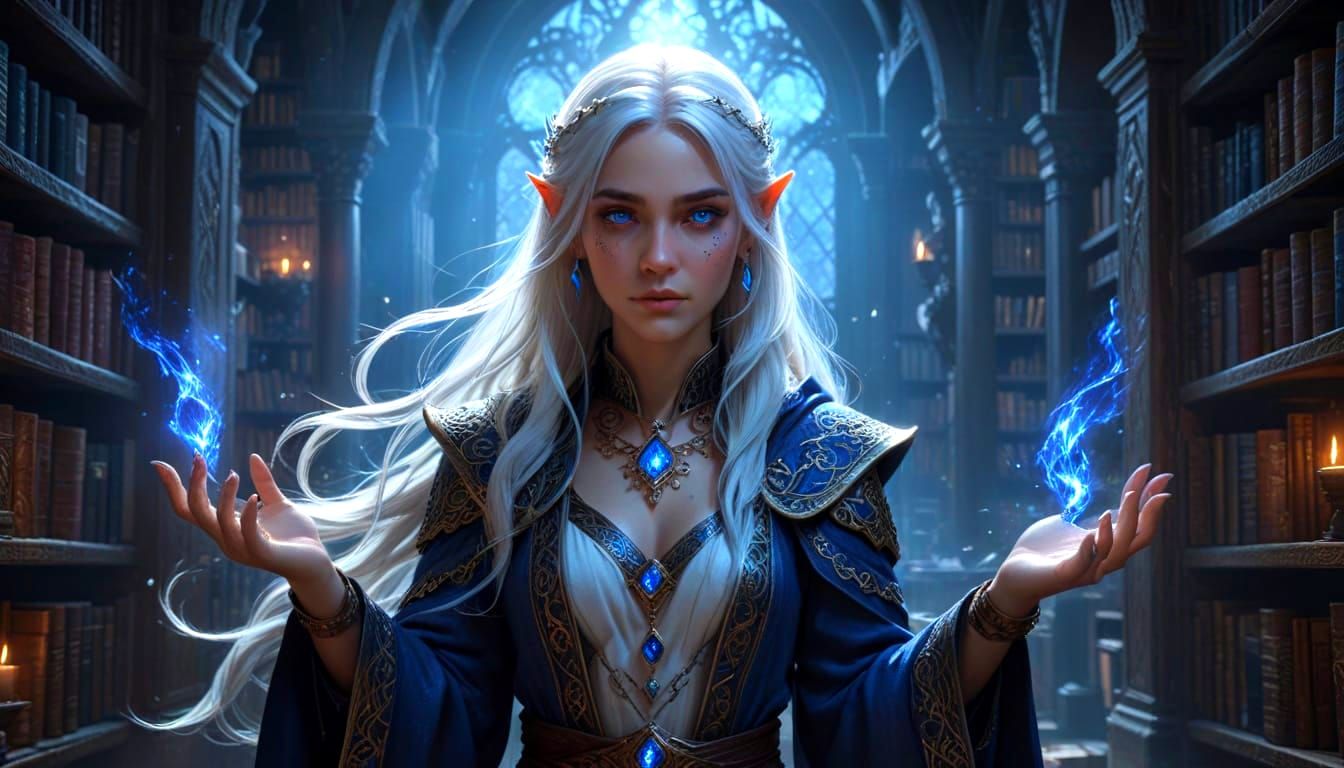 Mysterious Elven Sorceress in Ancient Library: Digital Paint...