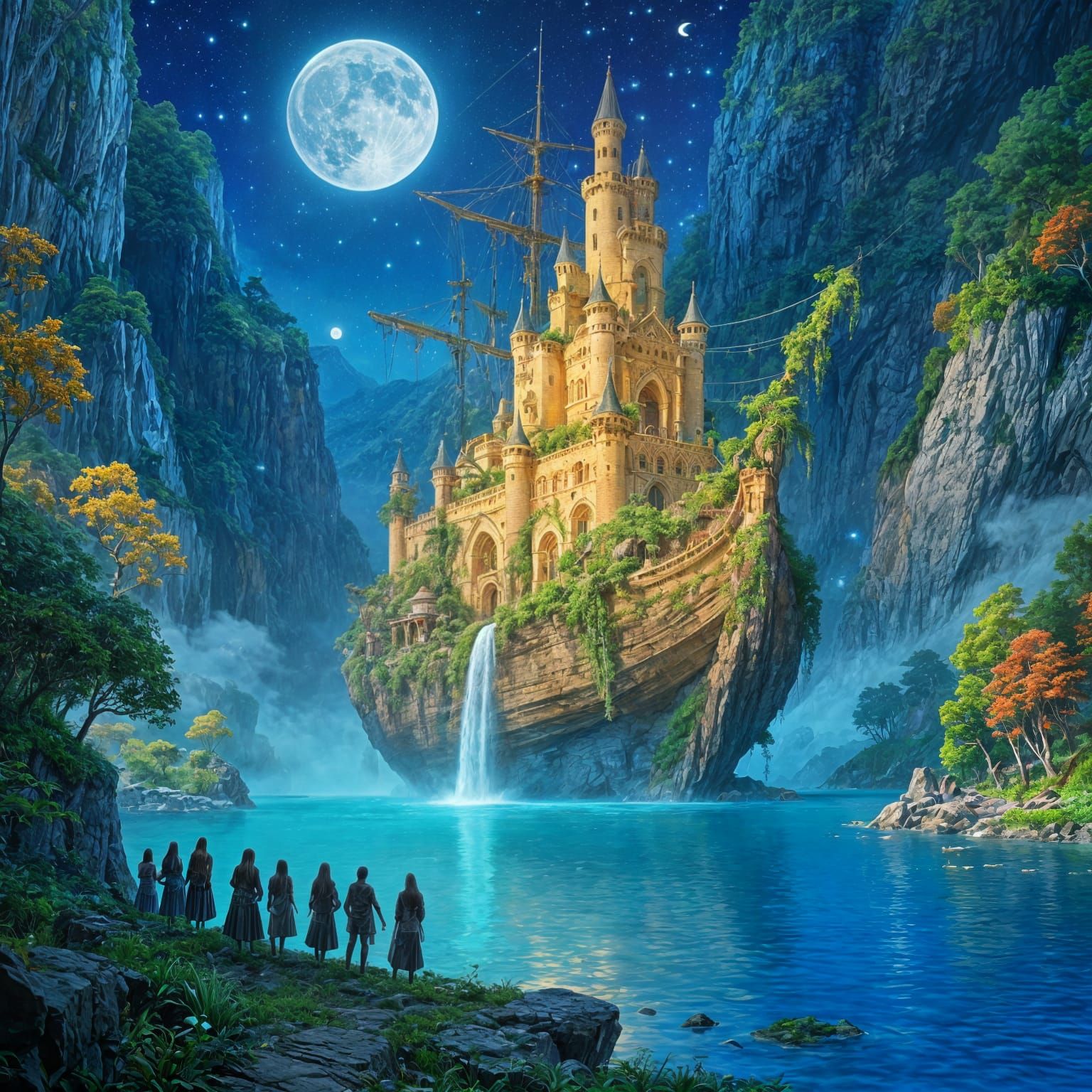 Majestic Golden Castle Ship Moored in Glowing Blue Lake