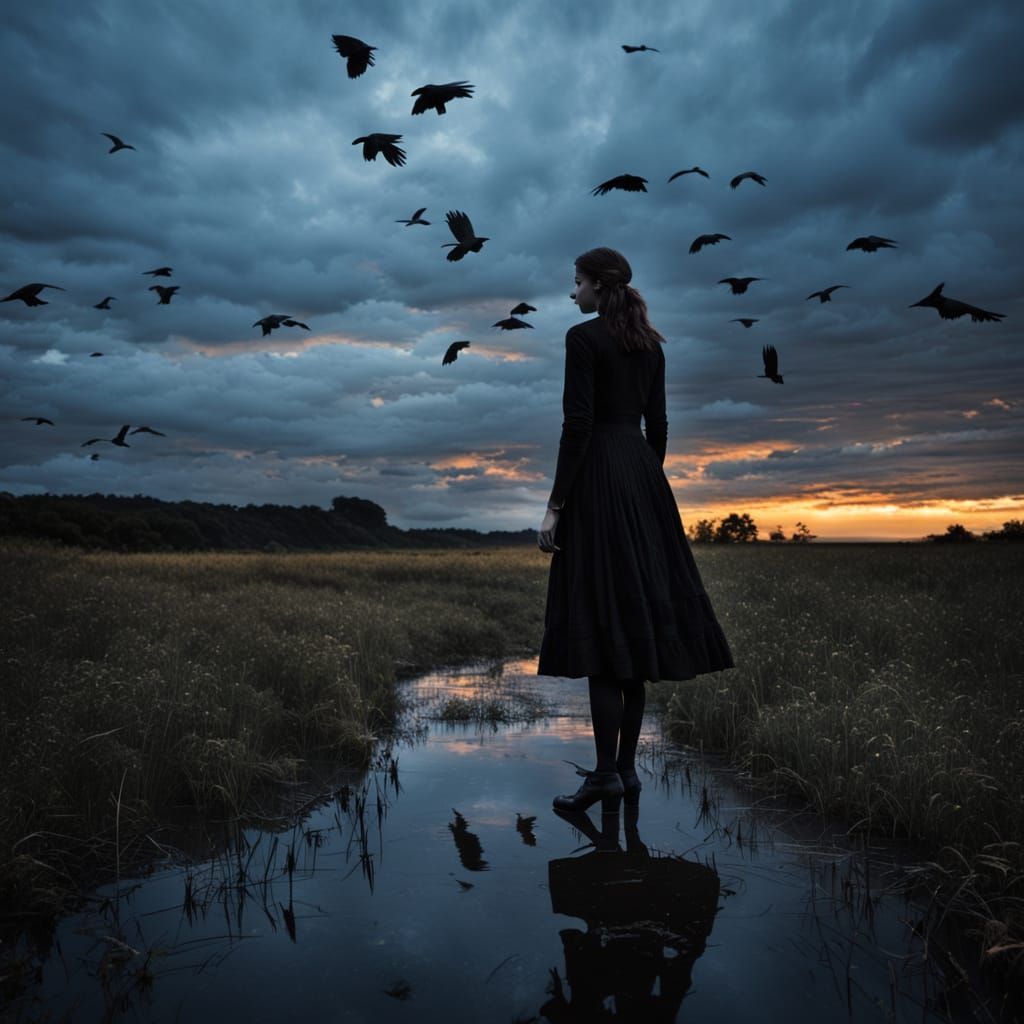 Surreal Dusk Scene: Crows Rise in Autumn Light