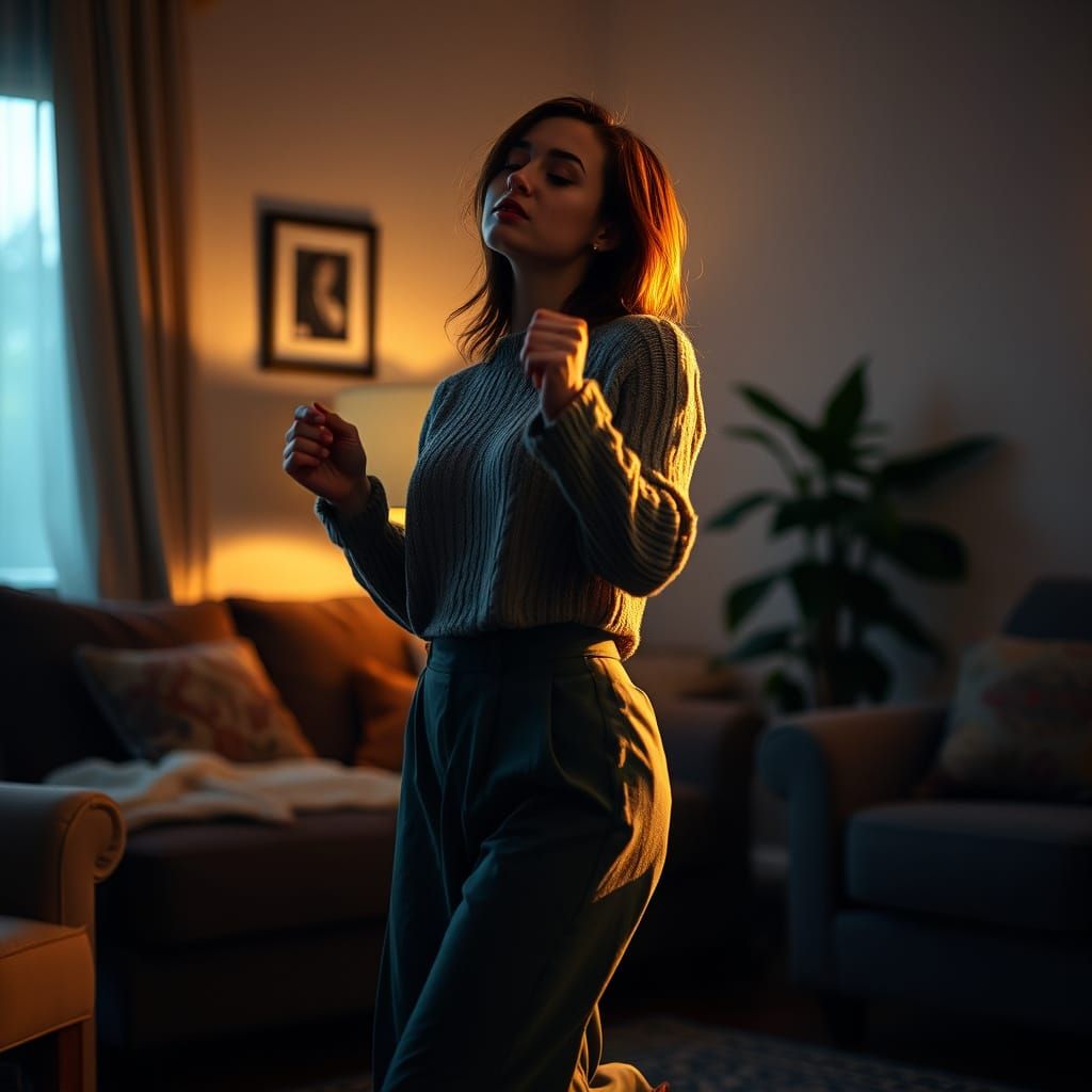 Woman Dancing in Dimly Lit Room