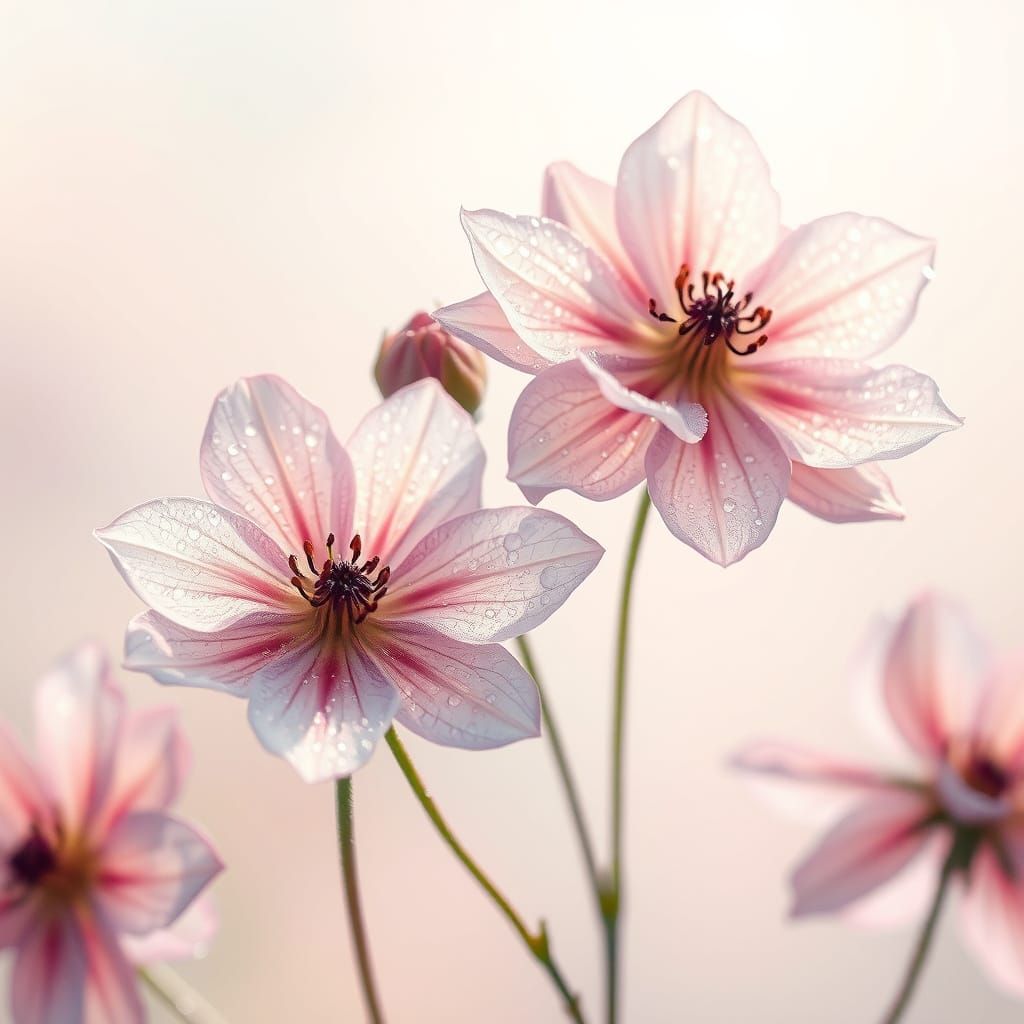 Surreal Watercolor Flowers Shed Tears on Soft Gradient Backg...