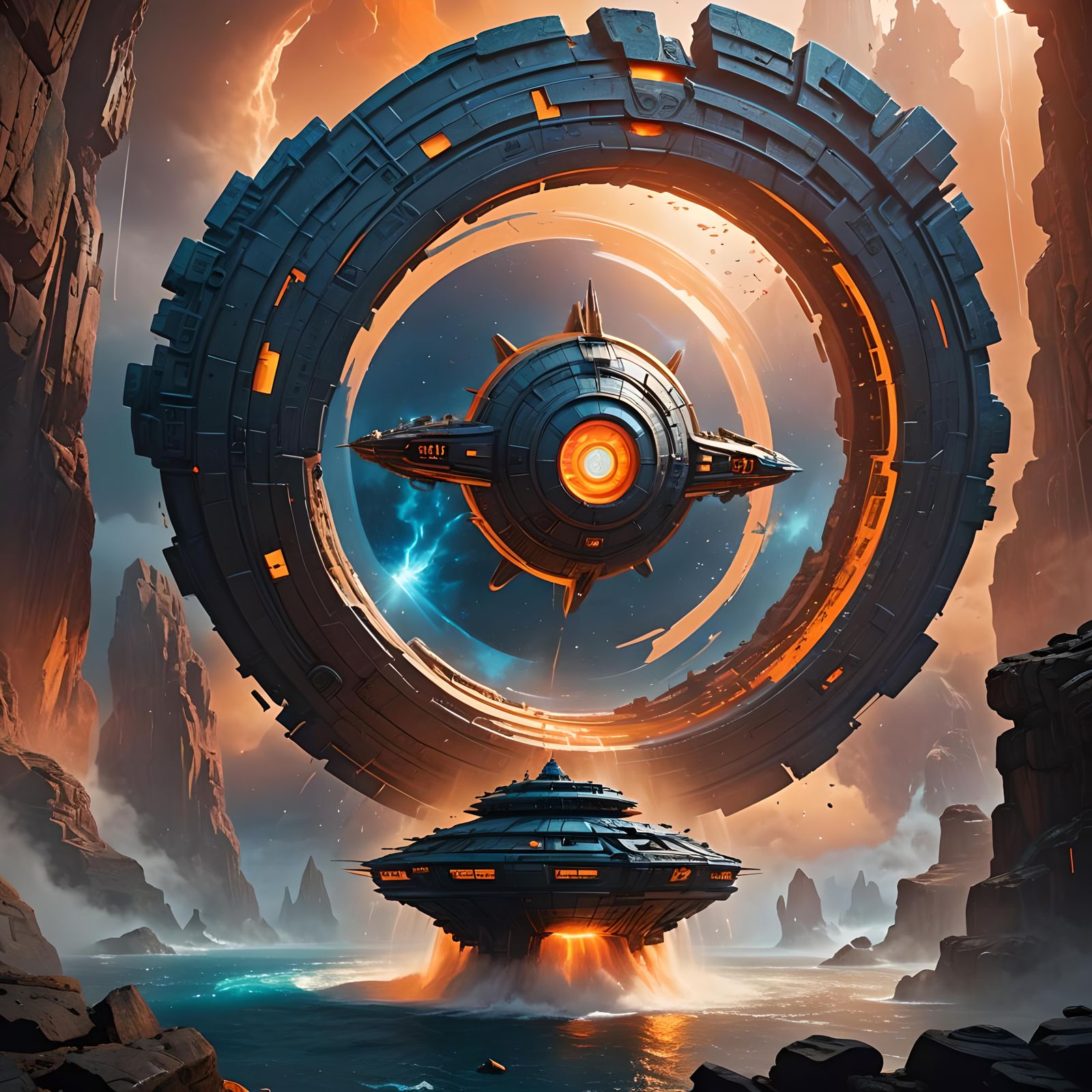 Spaceship Crossing Stargate in Detailed Fantasy Art