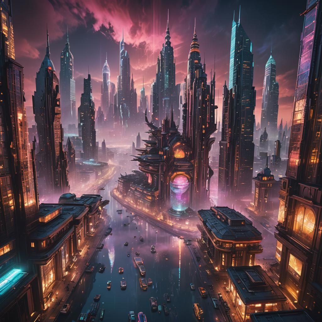 Futuristic Cityscape with Baroque Architecture in Digital Ar...
