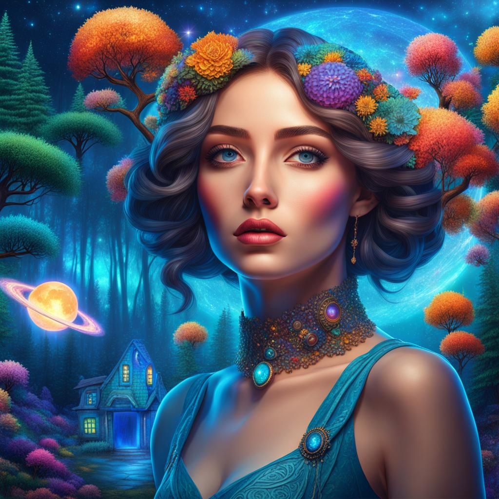 Cosmic Forest Cottage: Holographic Astral Illustration