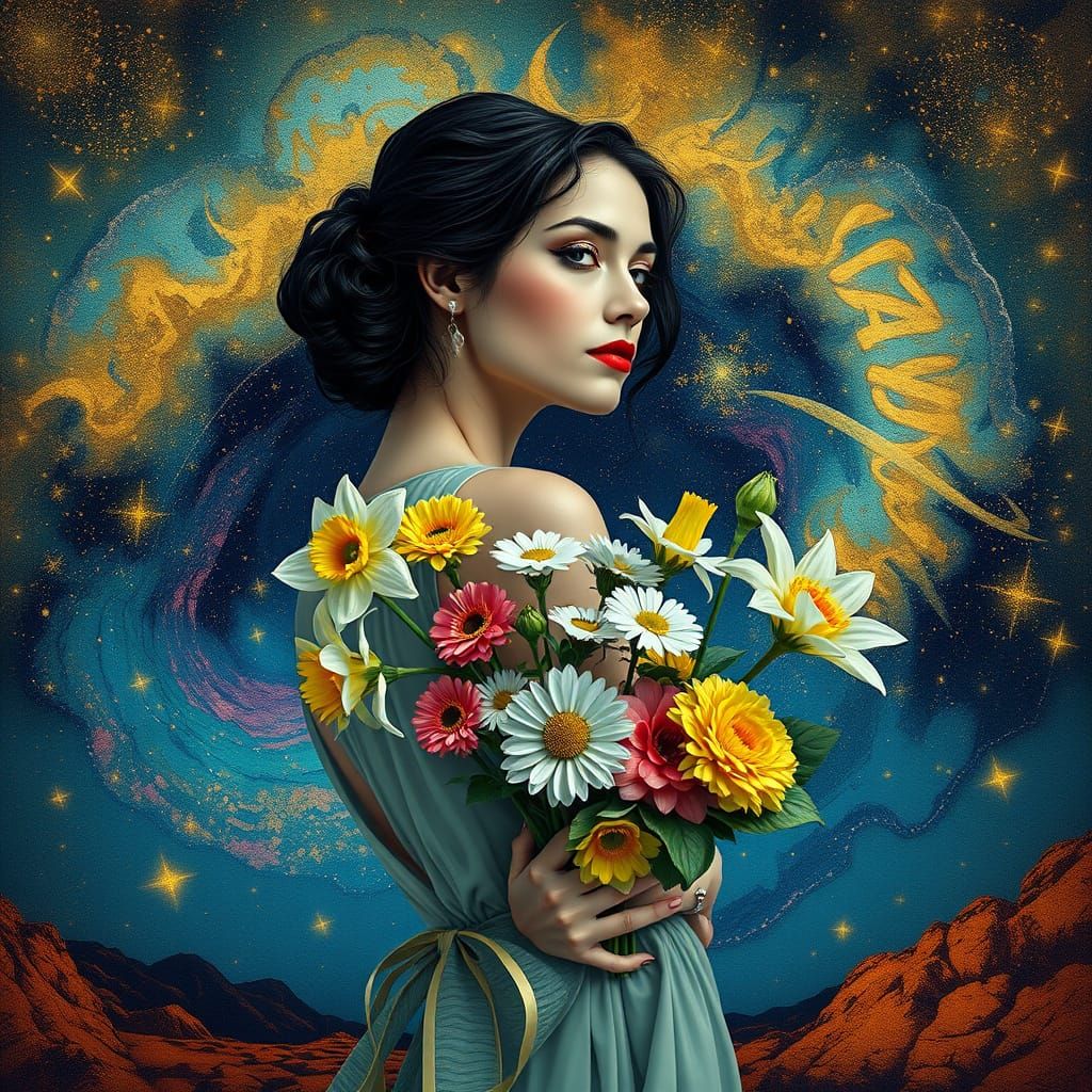 Woman with Glass Bouquet in Hyperrealistic Splash Art