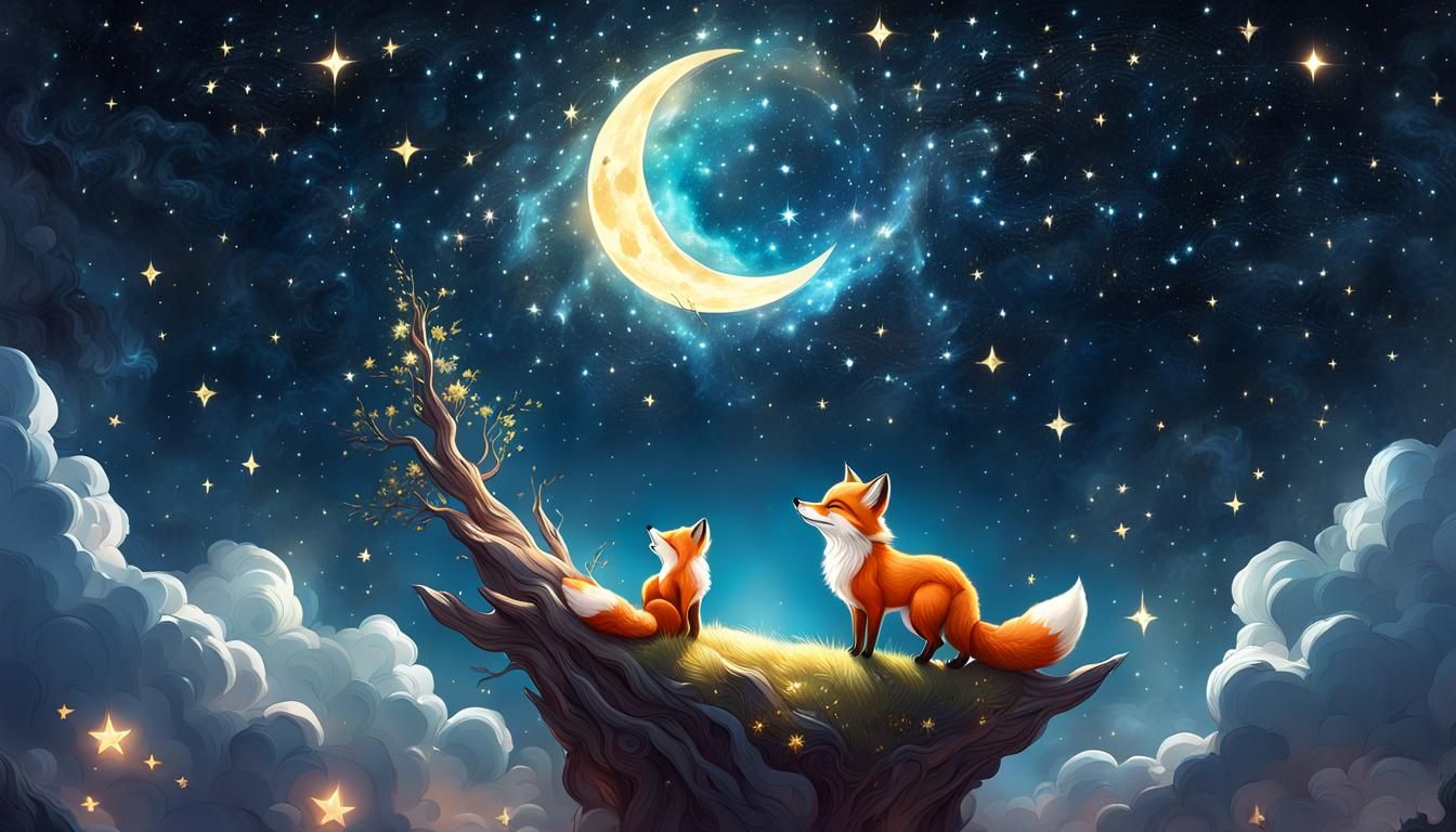 Chibi Fox Observes Starry Sky, Watercolour Illustration