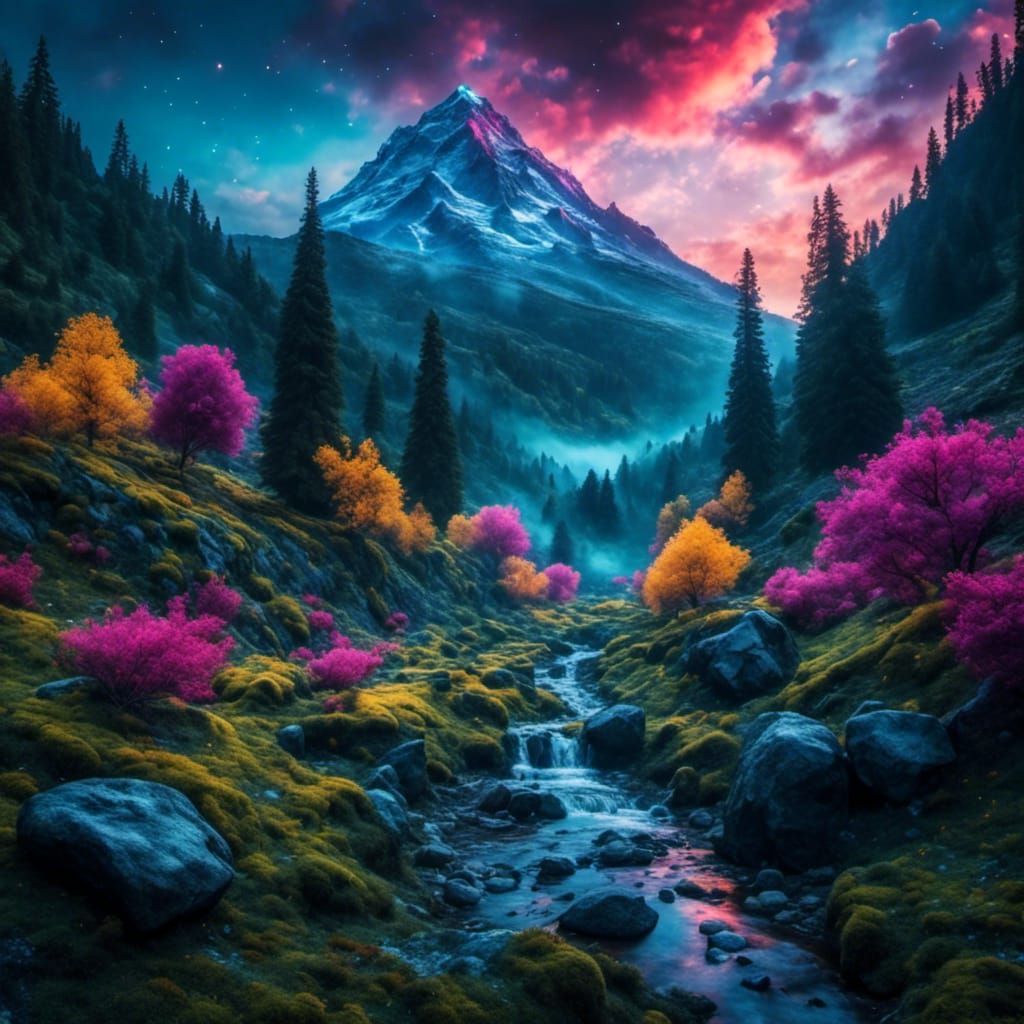 Mount Rainier Landscape with Stained Glass Effect