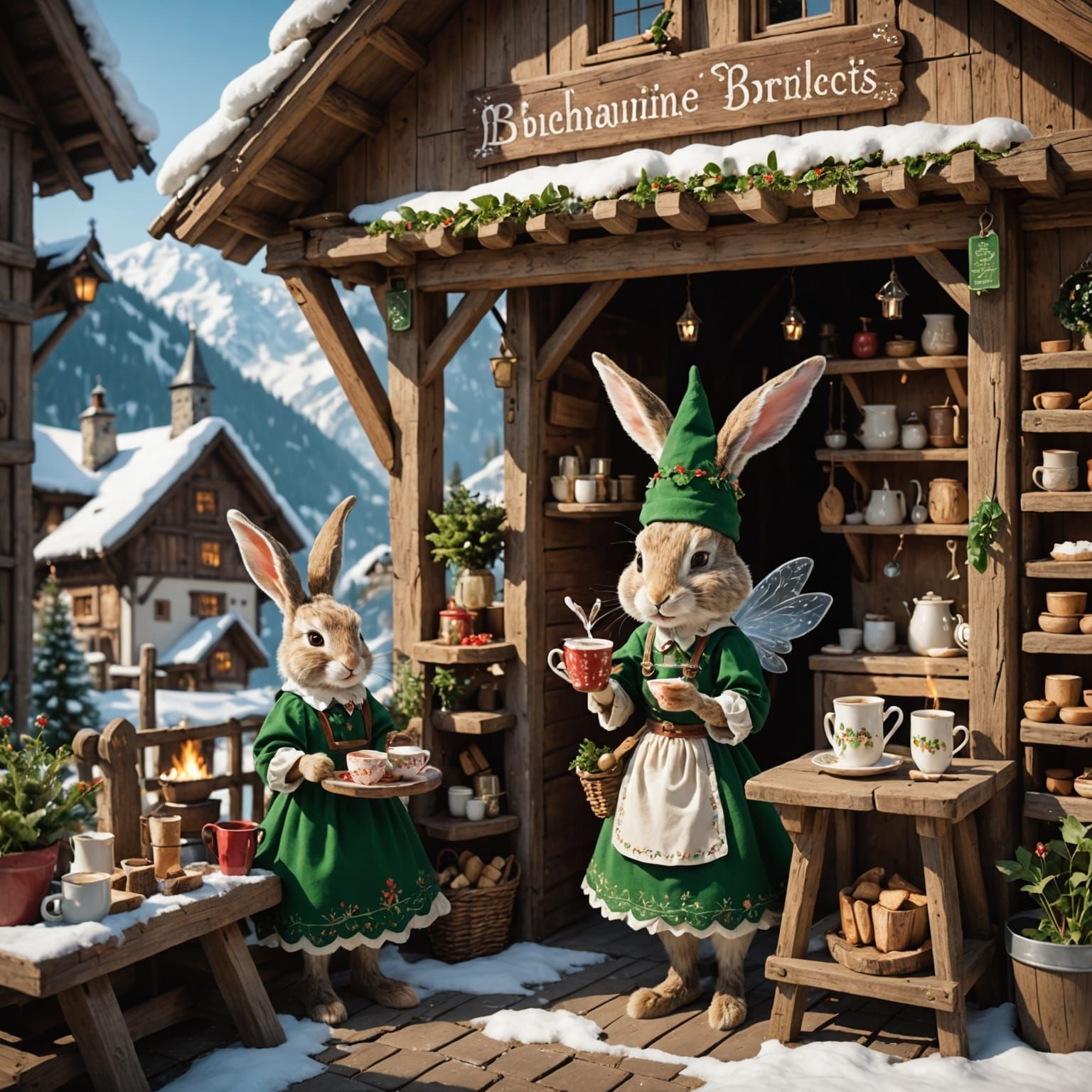 Rabbit Fairy Serves Hot Chocolate in Cozy Alpine Village