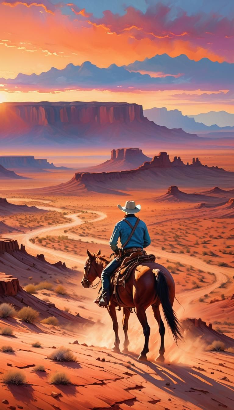 Cowboy Rides into Desert Sunset as Oil Painting