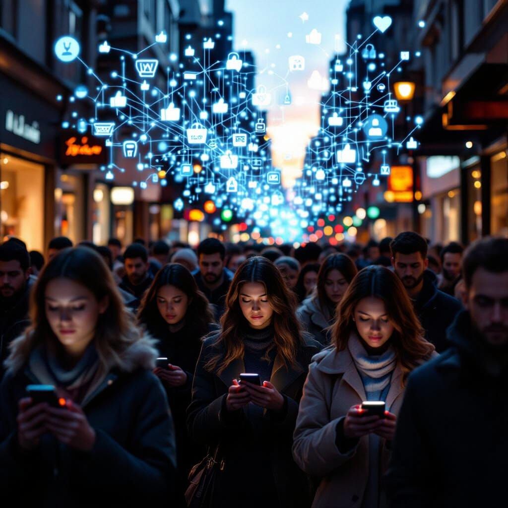 Golden Hour City Scene: Digital Addiction Under Warm Light