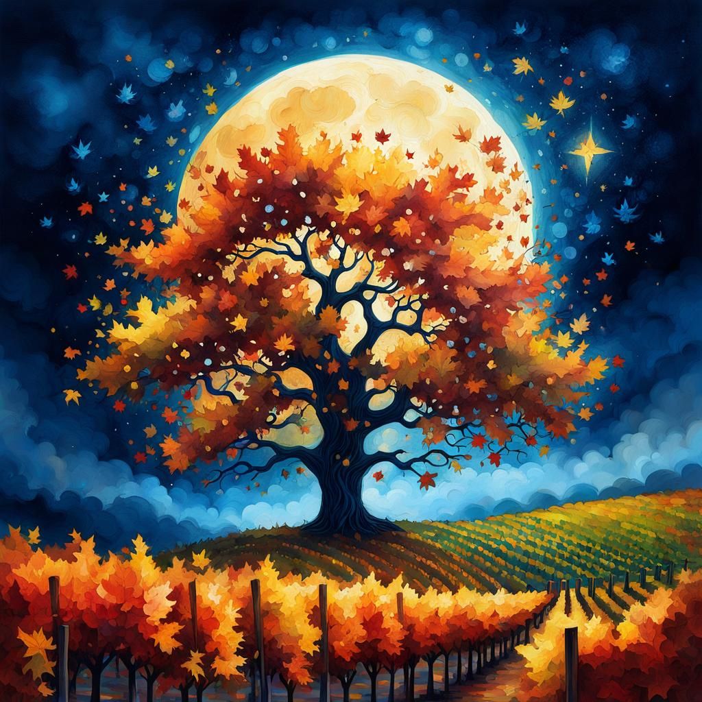 Autumn Vineyard Under a Starry Sky