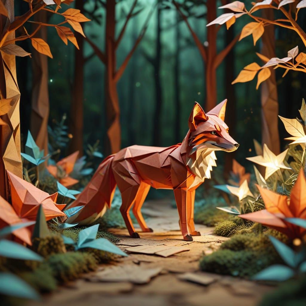Origami Fox in Forest with Starry Light