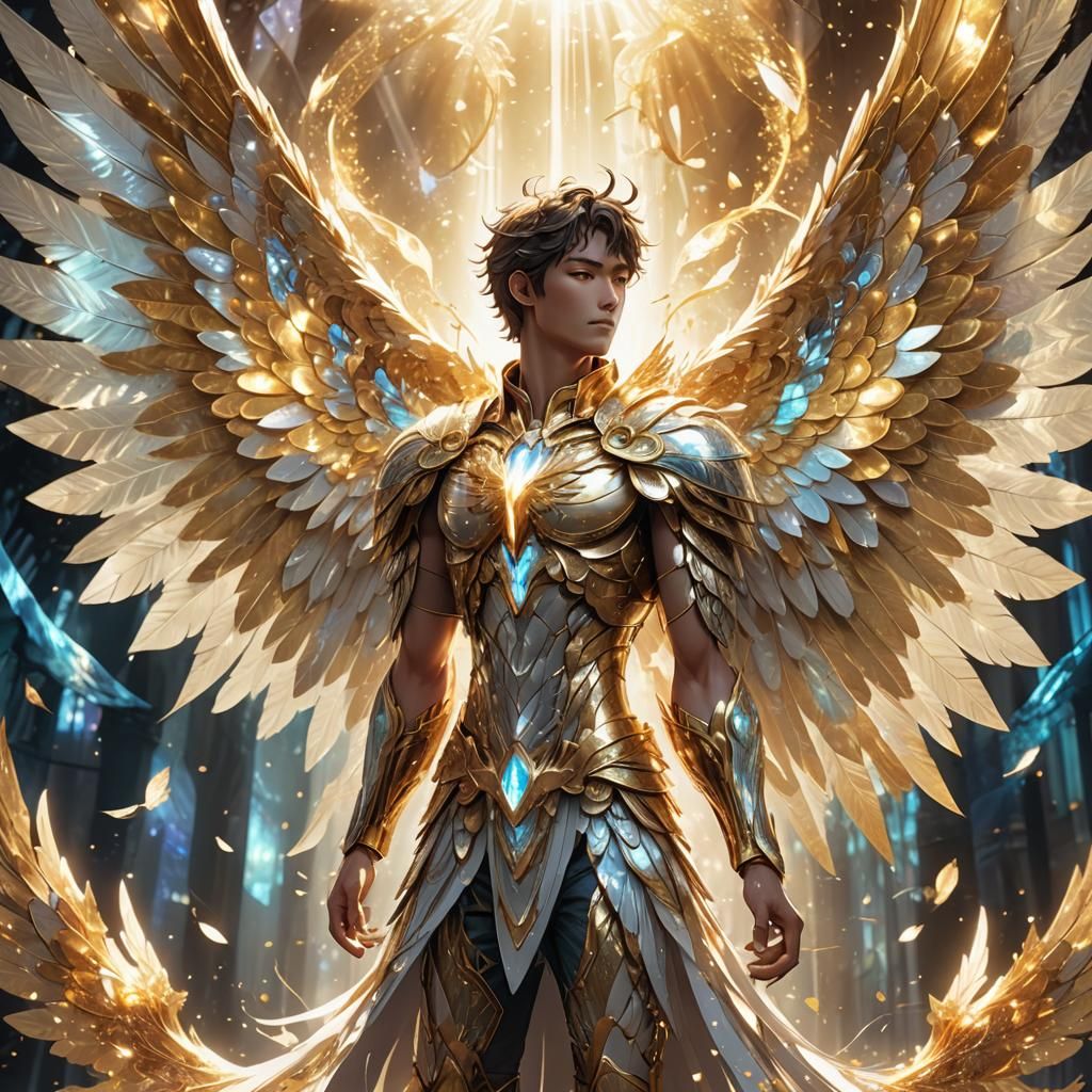 Anime Angel with Iridescent Wings in Holy Light