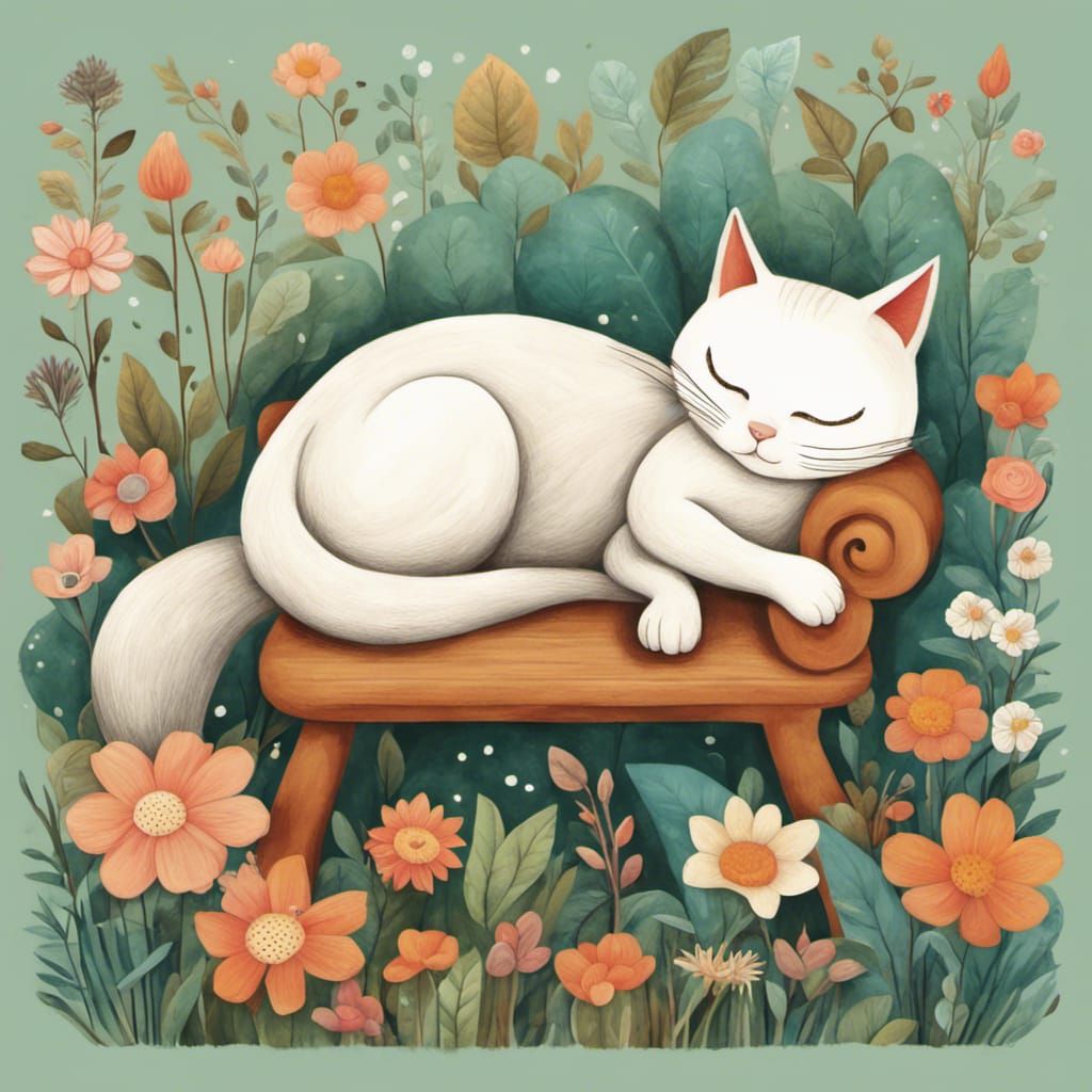 Cat Nap in Lush Garden: Digital Illustration
