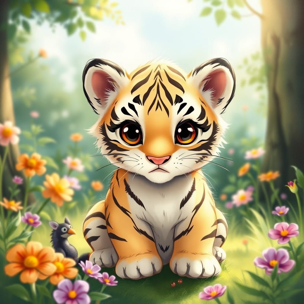 Whimsical Tiger Cub in a Sunlit Forest Glade