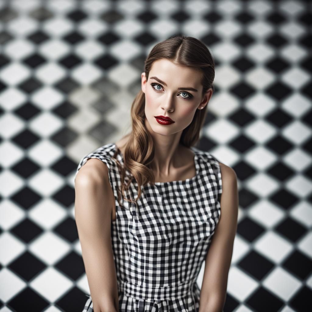 Gingham Dress on Chessboard Floor, Cinematic Style
