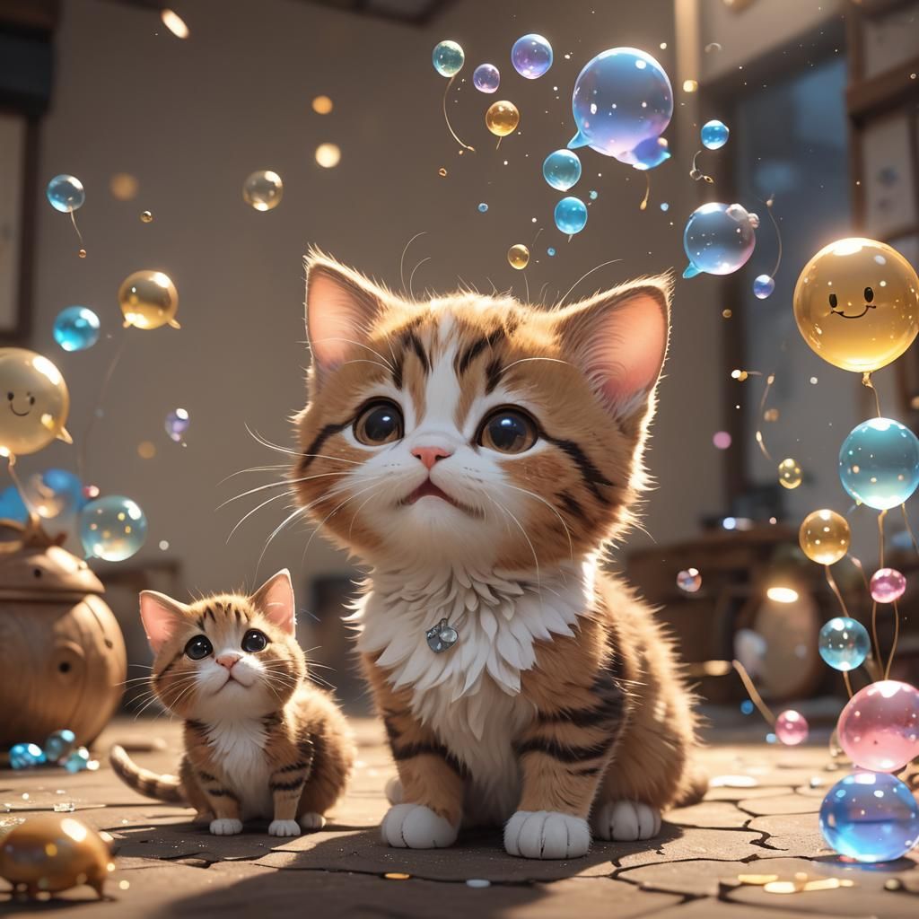 Kitten and Mouse Chatting in Kawaii Anime Style