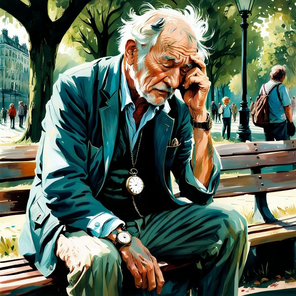 Crying Grandpa on Park Bench in Watercolor Style