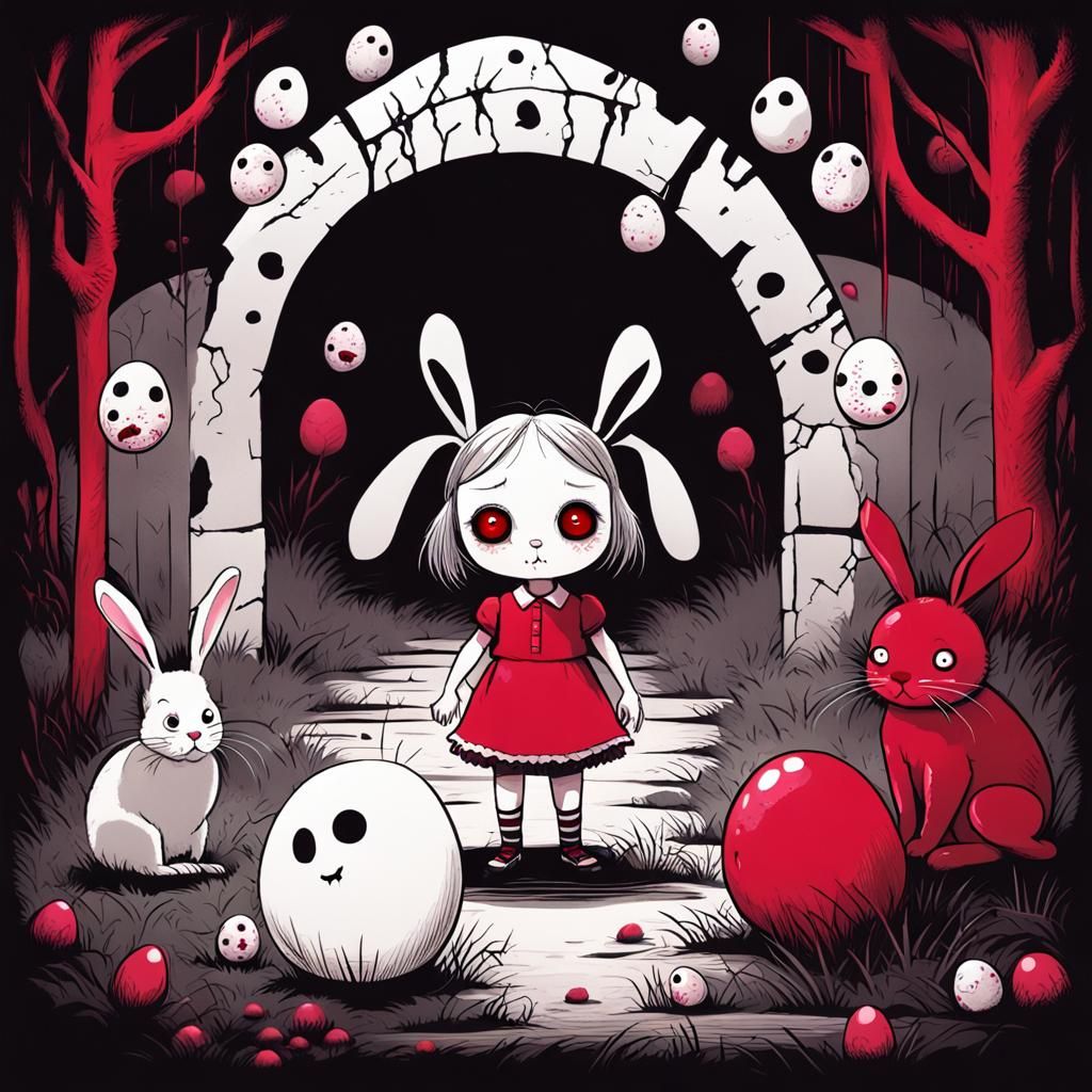 Creepy Cute Girl and Scary Rabbit in Burton Style