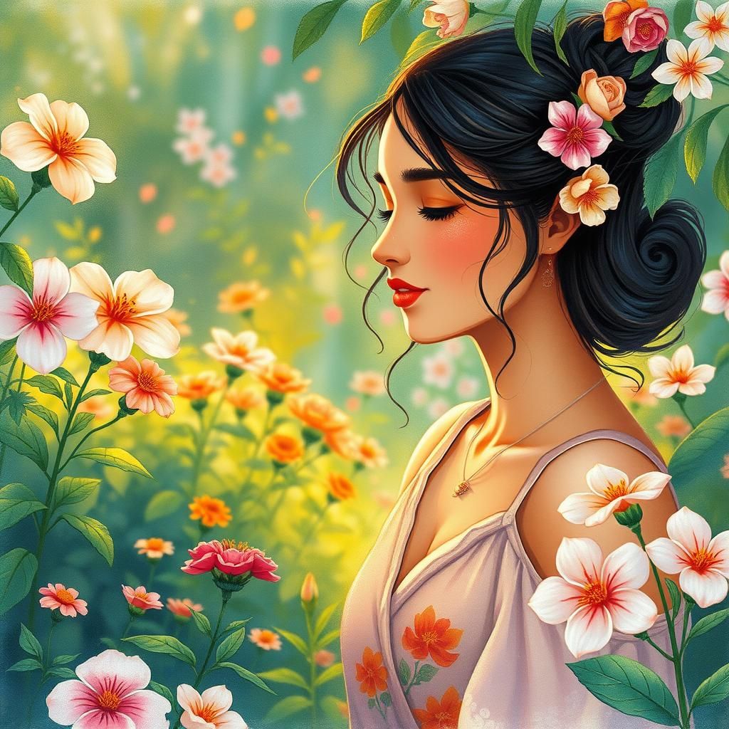 Woman in Lush Garden, Watercolor Style