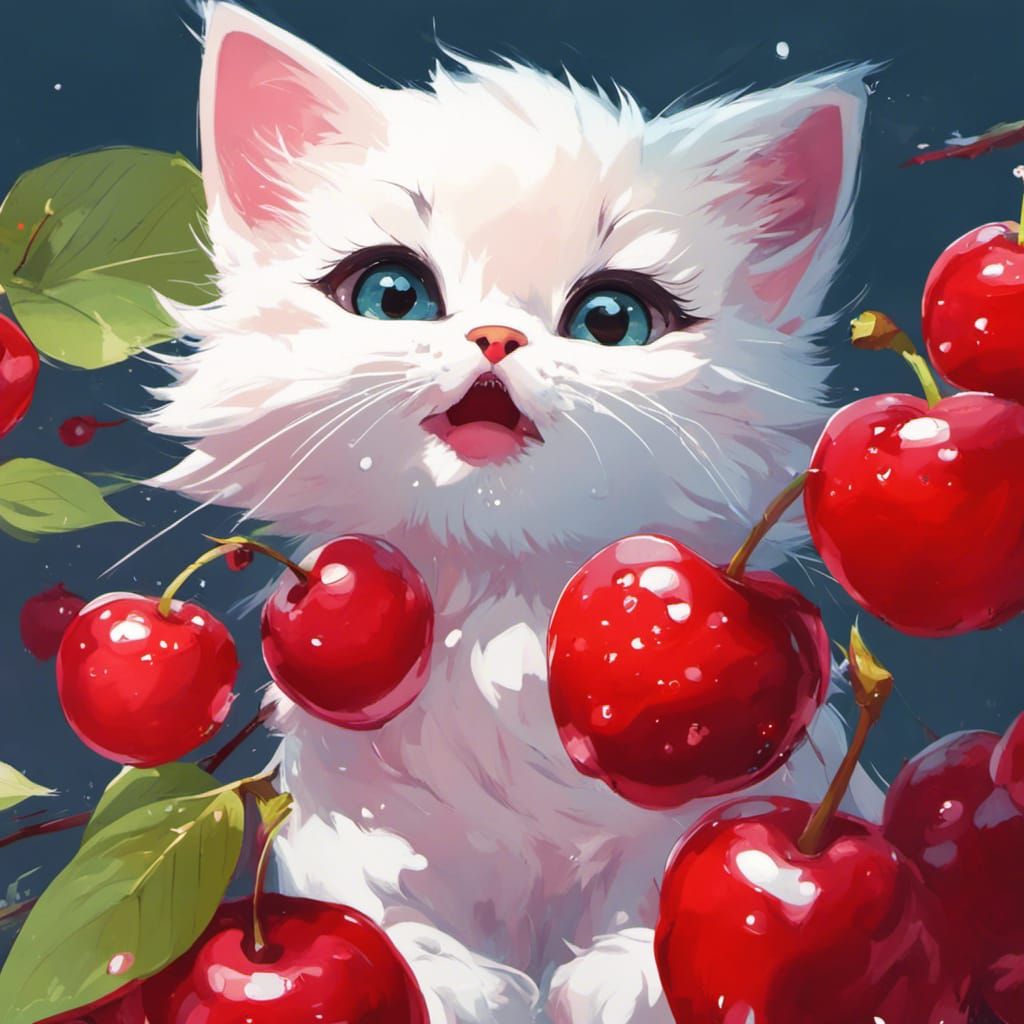 Kawaii Kitten in Anime Style with Cherries