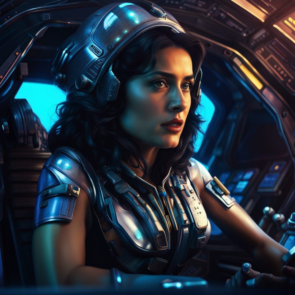Futuristic Salma Hayek in Spaceship Cockpit