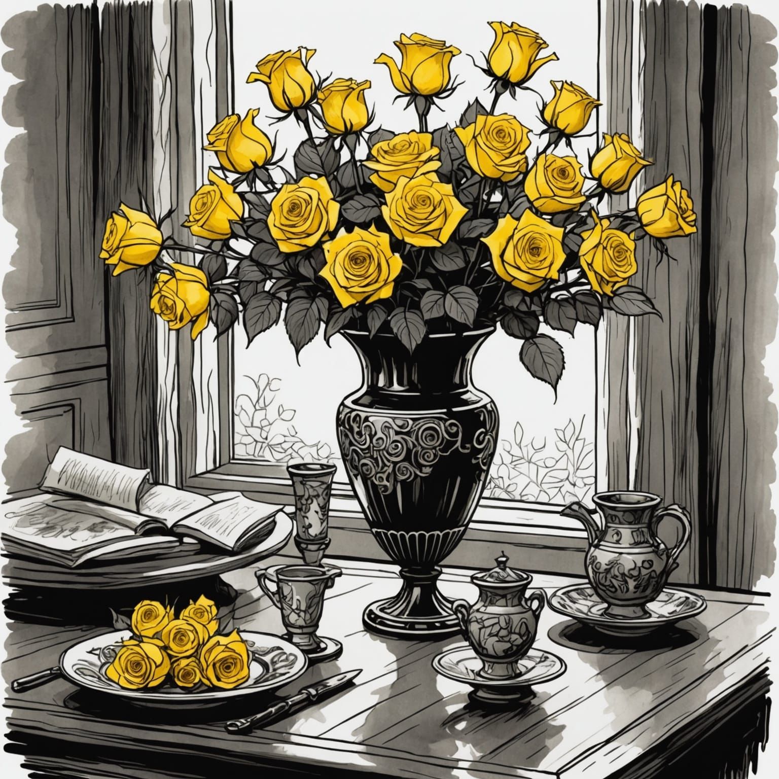 Yellow Roses: Black and White Ink Drawing
