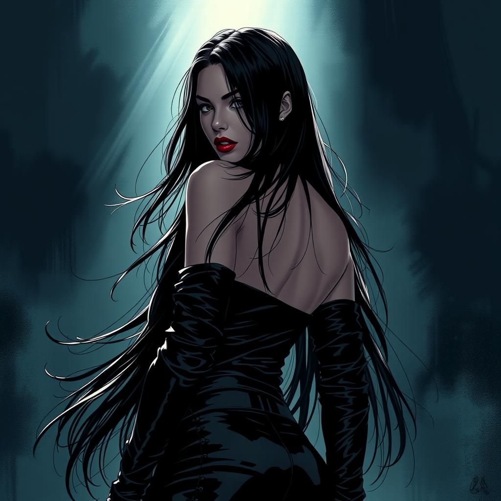 Mysterious Woman with Long Black Hair in Comic Art Style