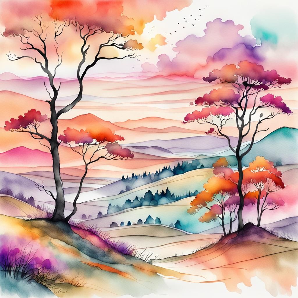 Scottish Highlands Dawn: Watercolor and Ink Landscape