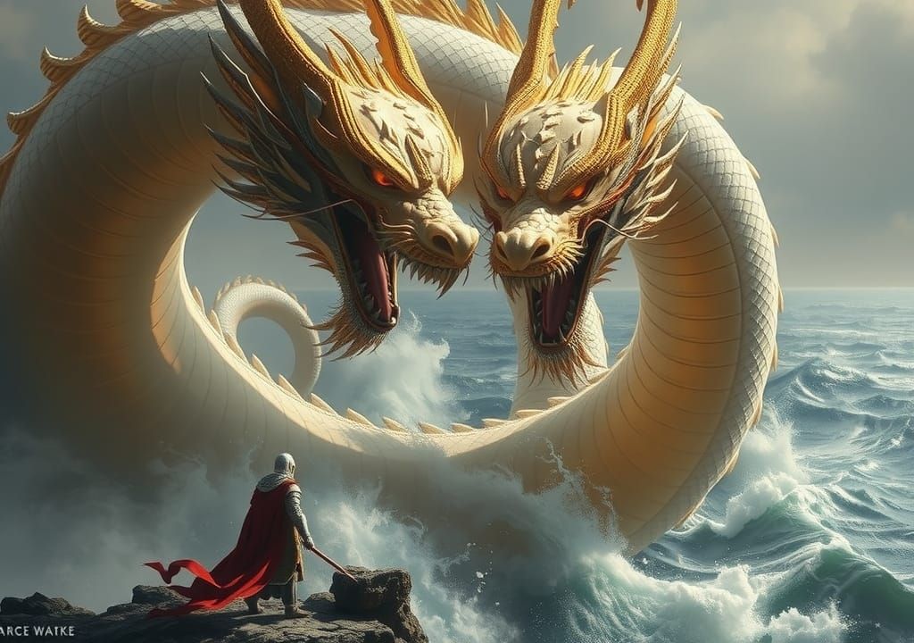 Furious Dragon Glaring at Knight: Hyperrealistic Painting