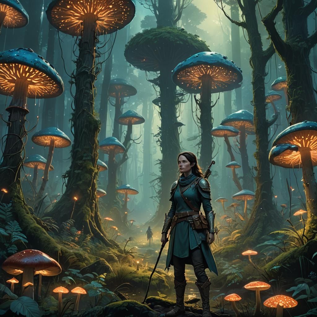 Mystical Warrior Emerges in Vibrant Forest