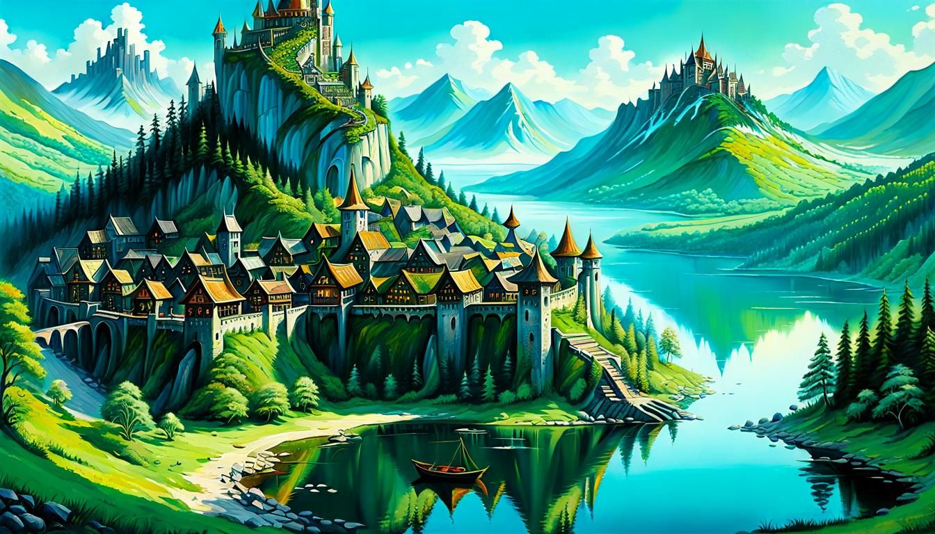 Majestic Elvish City Beside Lake, Oil Painting