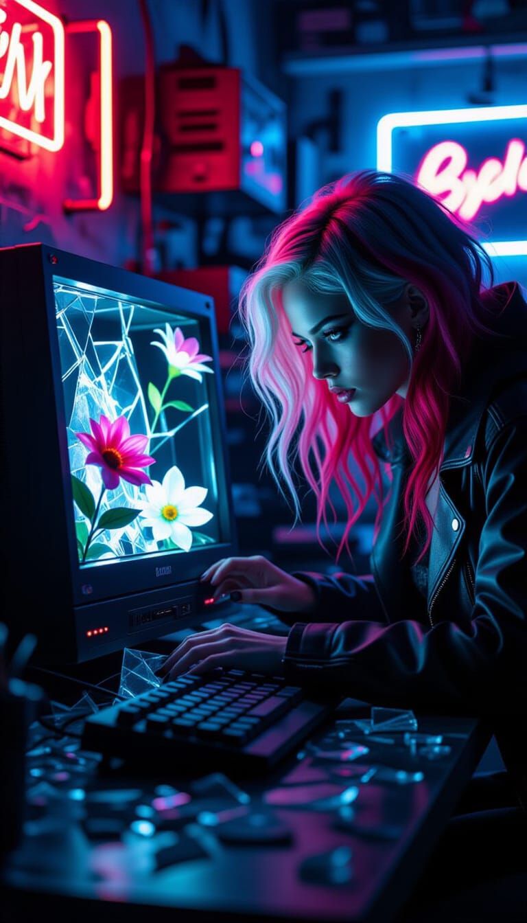 Cyberpunk Woman Tending Bioluminescent Roses in Gaming Room