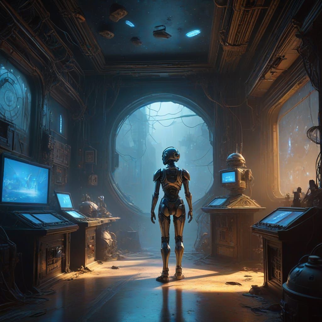 Teacher Robot stands at a holographic blackboard, surrounded...