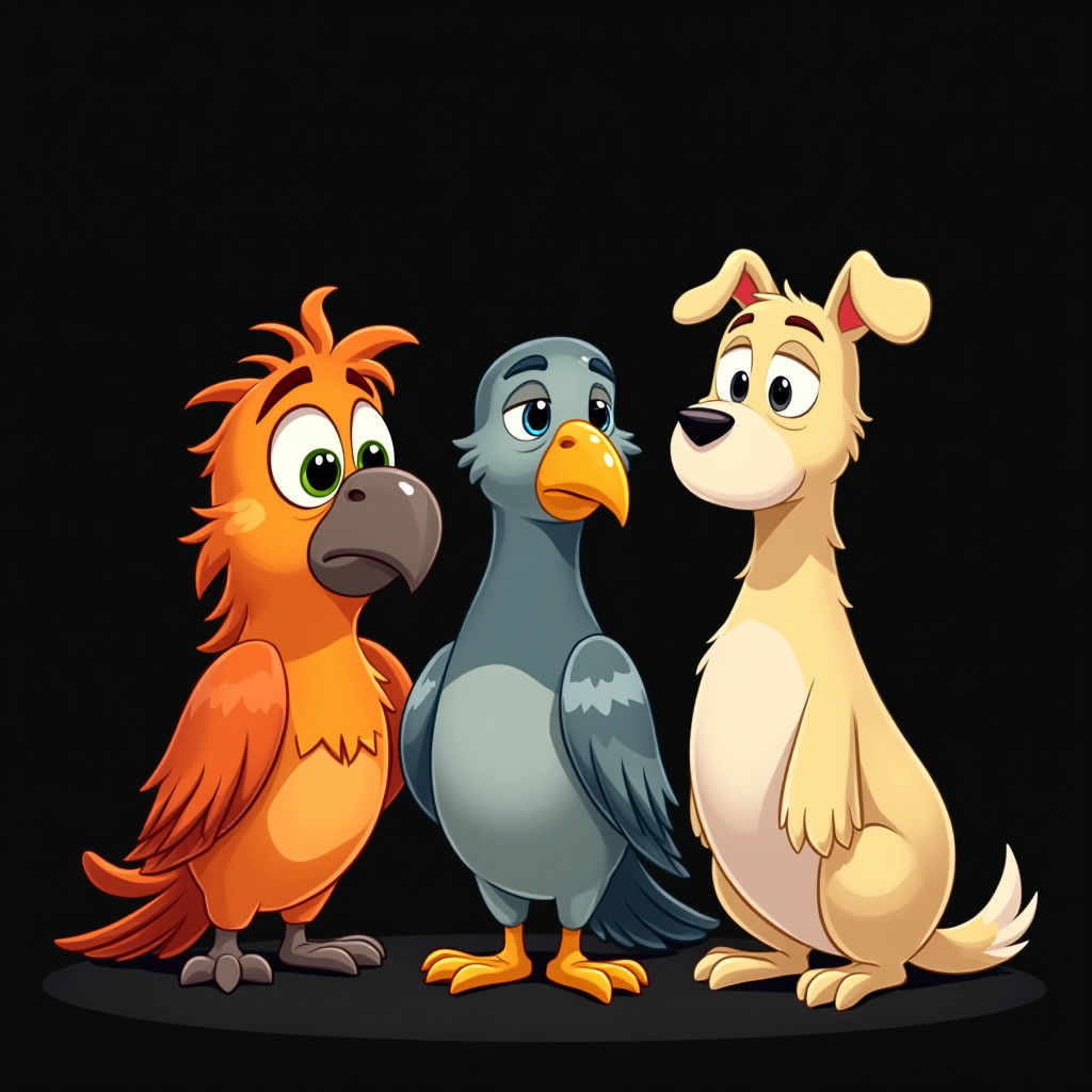 Comical Cartoon Trio Amidst a Quirky Flock