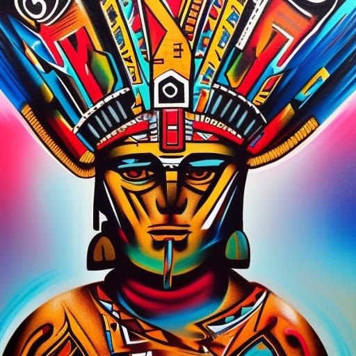 Aztec Warrior Overlooking Mountains in Graffiti Art Style