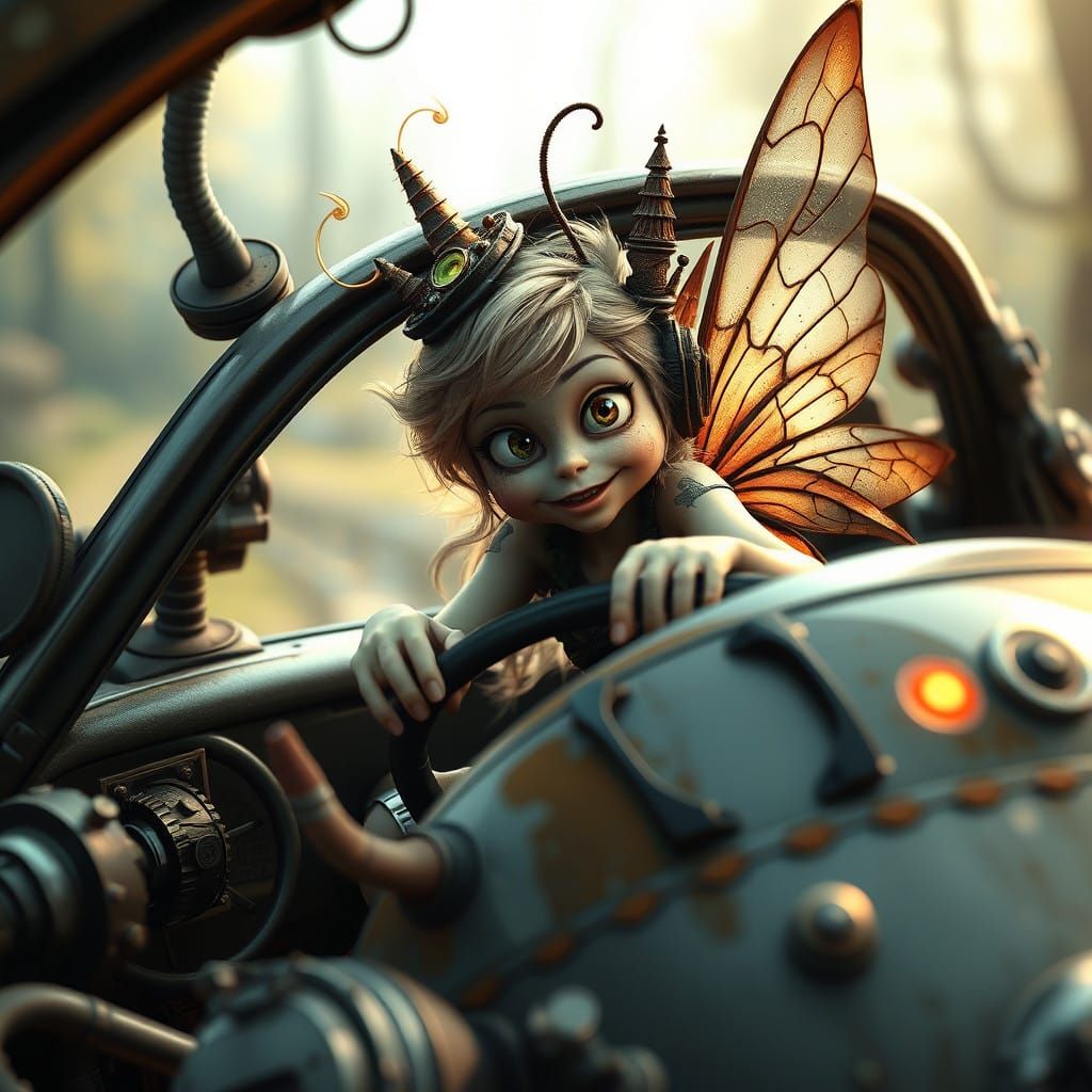 Whimsical Steampunk Fairy Behind the Wheel