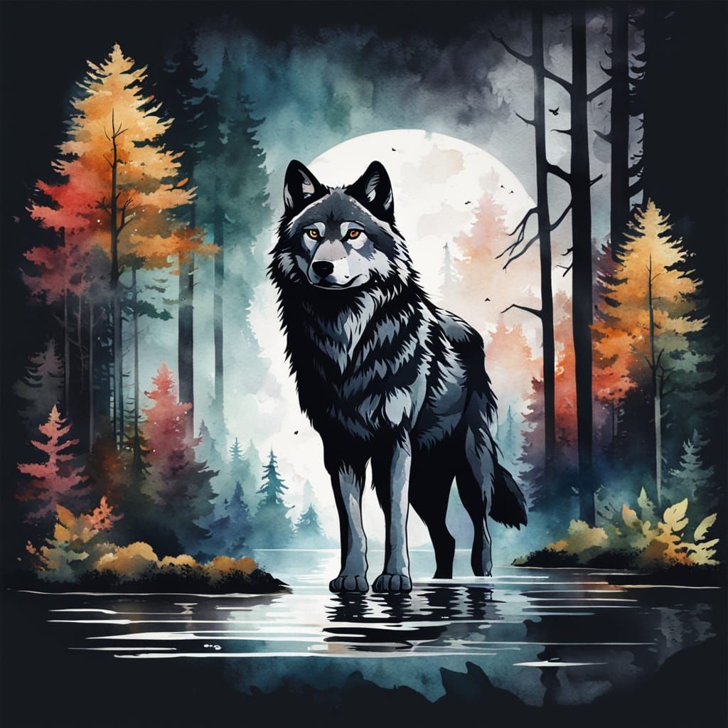 Watercolor Wolf Gazing at Forest in Dark Style
