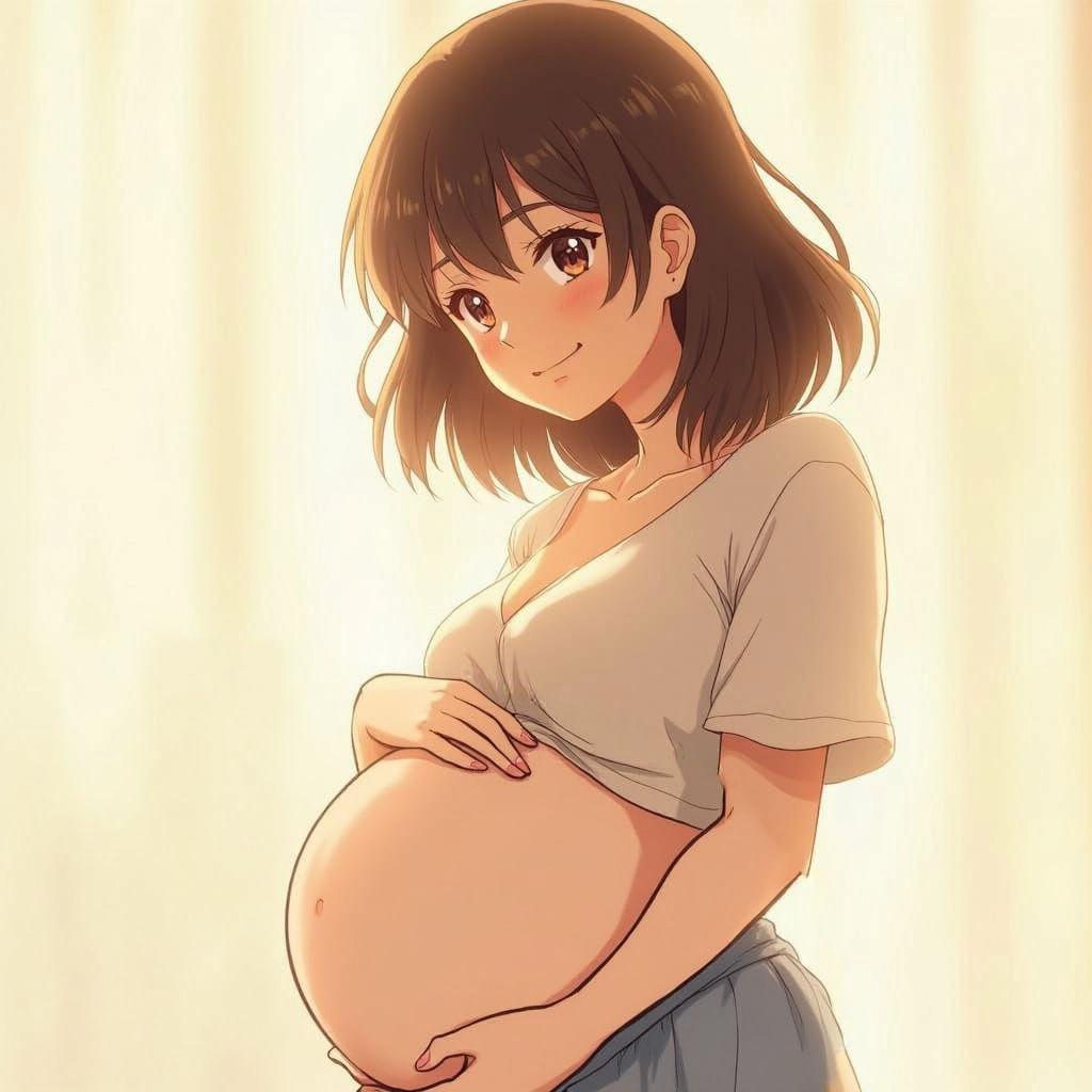 Pregnant Mother with Quadruplets in Vibrant Anime Style