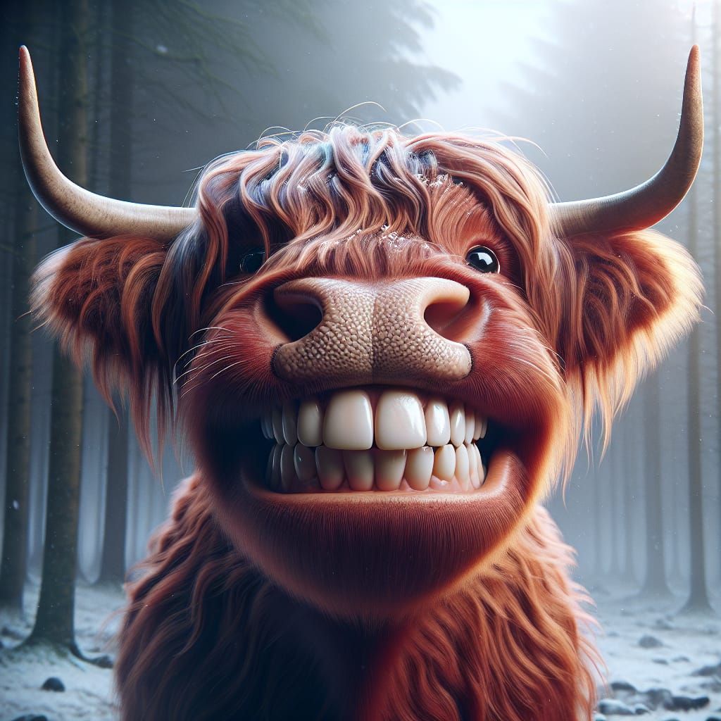 Amusing Highland Cow with Exaggerated Features